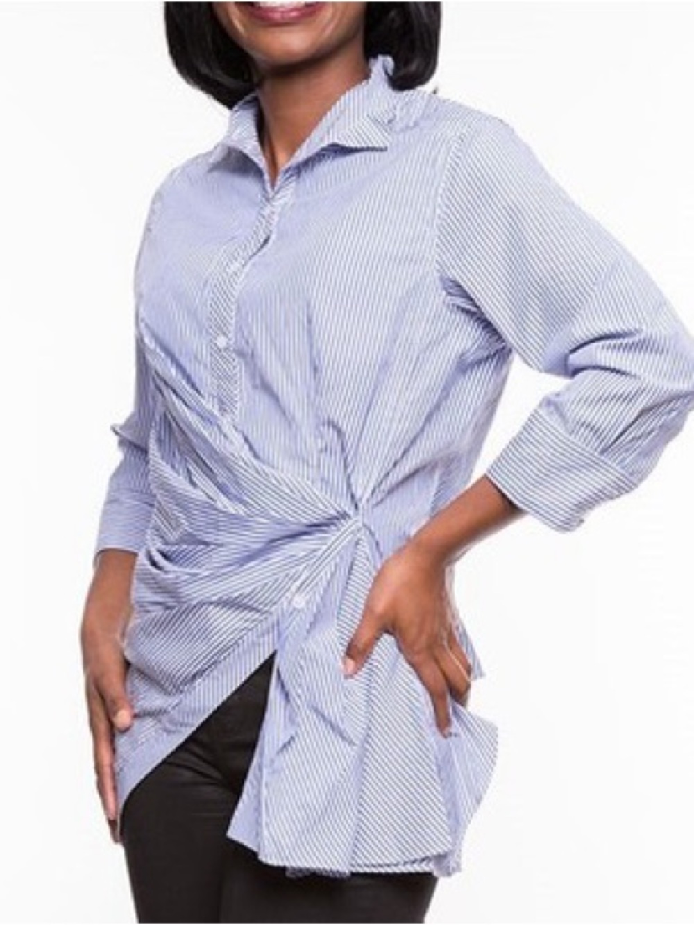 Ashro Blue & White Striped Collared Shirt Asymmetrical with zip back Size 16